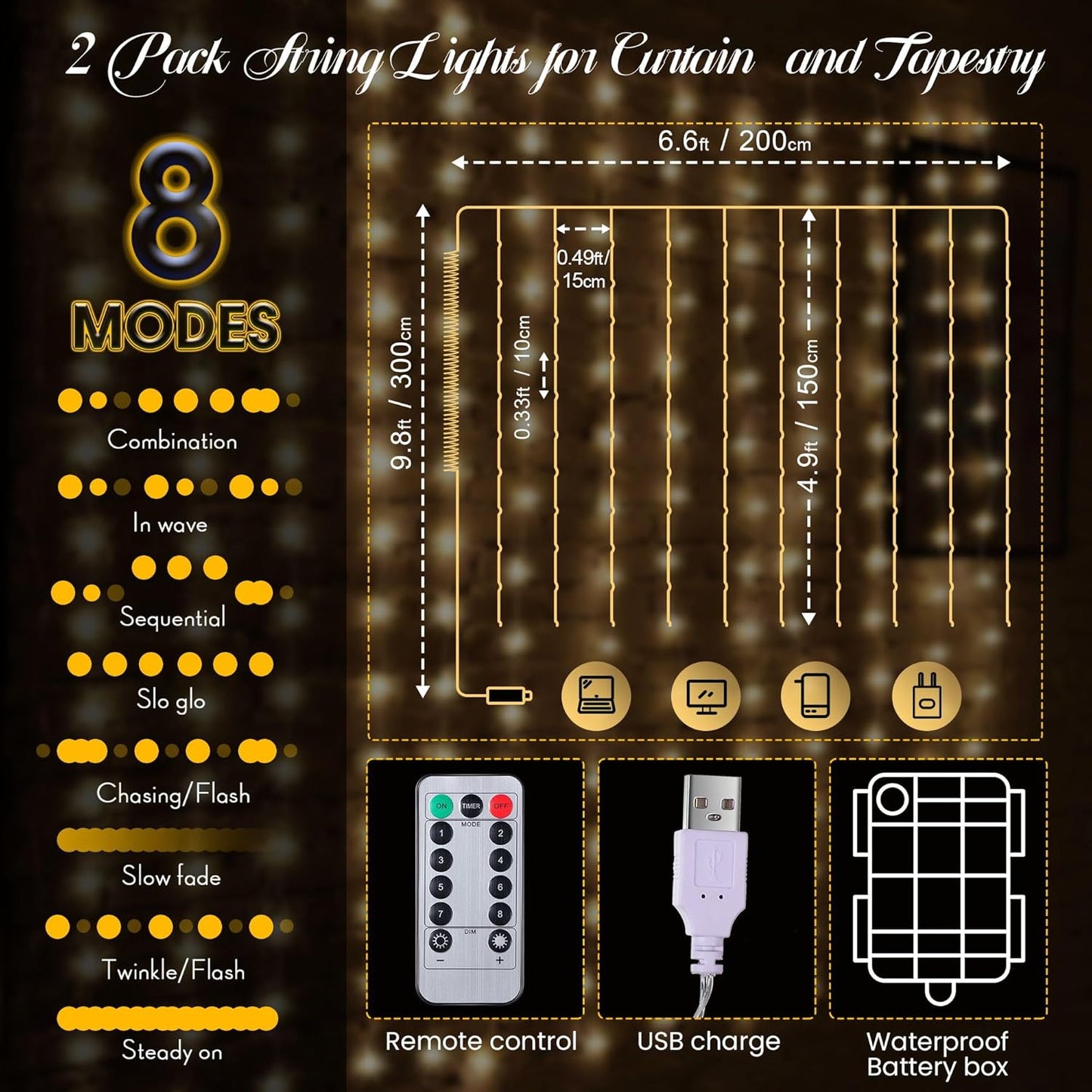 Tuanse 195 LED Curtain Lights - 8 Lighting Modes & Remote Control | 6.5 x 5 Feet Fairy Backdrop for Indoor/Outdoor Decor