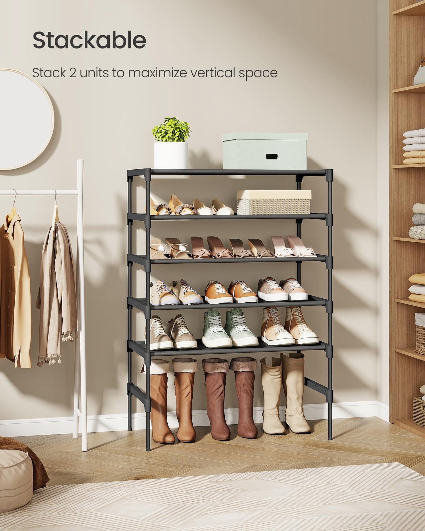 SONGMICS Shoe Rack, 3-Tier Shoe Storage Organizer, Space-Saving, 11.7 x 24.5 x 21 Inches, Entryway, Metal Frame, Non-Woven Fabric Shelves, Ink Black ULSH023BH01