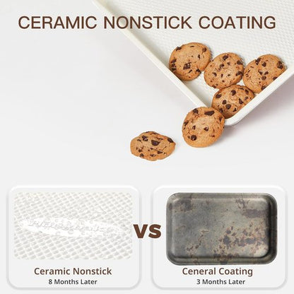 HONGBAKE Nonstick Ceramic Baking Sheet Pan Set - 3 Pack Half/Quarter/Jelly Roll Pans, 0.8mm Aluminized Steel, Cream
