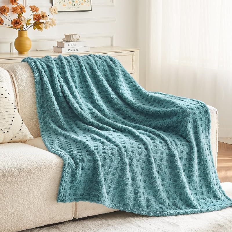 Newcosplay 3D Waffle Checkered Flannel Queen Blanket - Light Teal 90x90