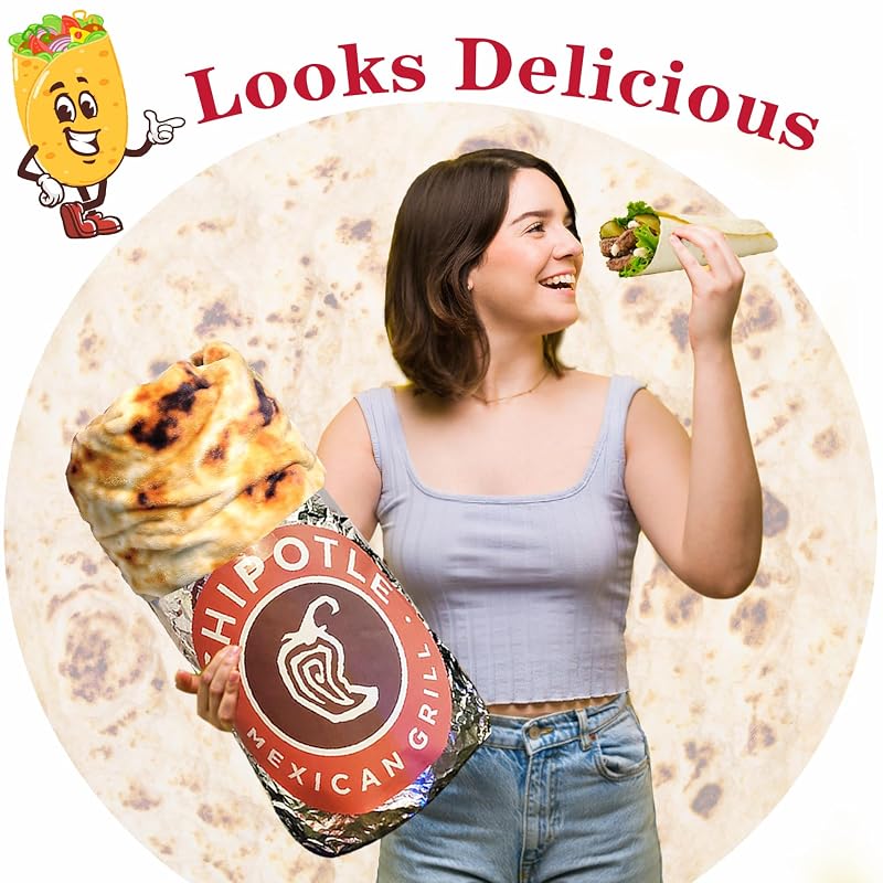 Tan 71 Inch Burritos Throw Blanket - Realistic Tortilla Food Blanket, 285 GSM Flannel, Double-Sided