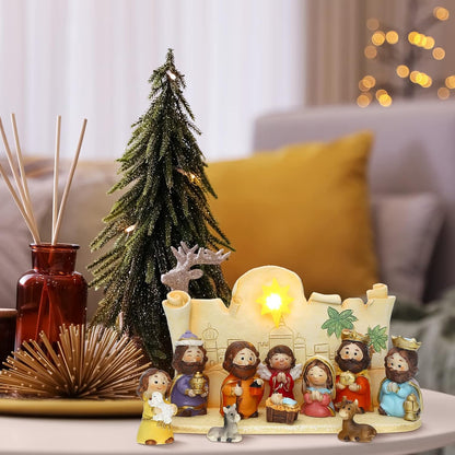 Skiennix Mini Christmas Nativity Set - 11 Colorful Figurines with Light | Rearrangeable Manger Decor