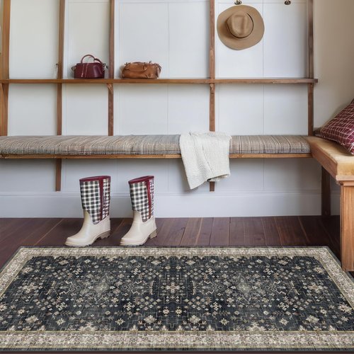 Black Entryway 2x5 Runner Rug, Small Throw Runners for Kitchen Bedroom Bathroom Laundry Room, Vintage Floral Decor & Non-Slip Low-Pile Washable Stain Resistant, Dark Ashen Charcoal