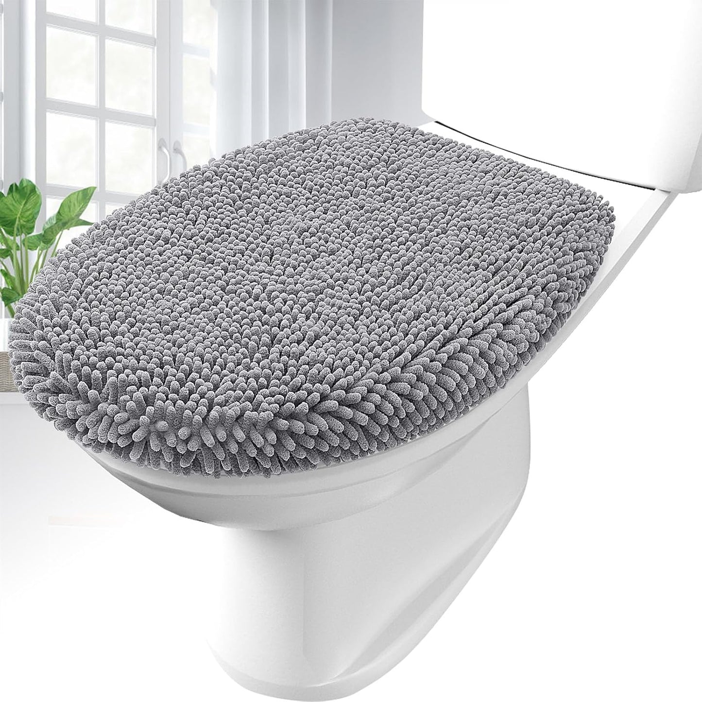 OLANLY Chenille Bath Rug Set - Soft Grey Bath Rug (30x20) & Toilet Lid Cover (17.5x15)