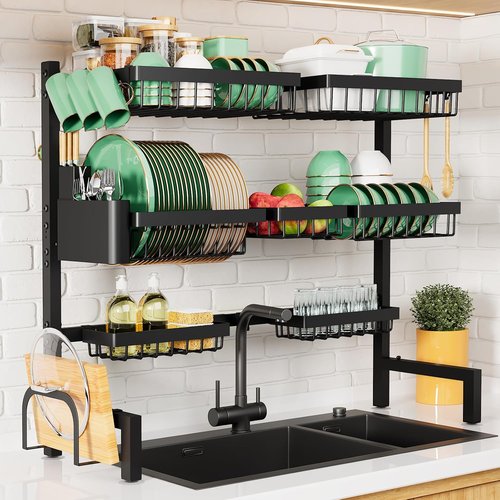 Kitsure Over The Sink Dish Drying Rack - Adjustable 31.5" to 39.4" Kitchen Rack with Multifunctional Baskets, Black