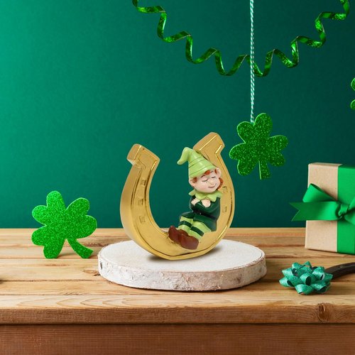 Gift Boutique St. Patrick’s Day Leprechaun Figurine - Lucky Charm Ornament on Golden Horseshoe for Home & Office Decor
