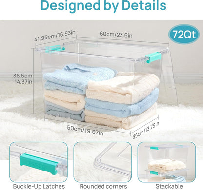 Vtopmart 72 QT Crystal Clear Storage Bins - 4 Pack Stackable Plastic Latching Containers for Closet Organization