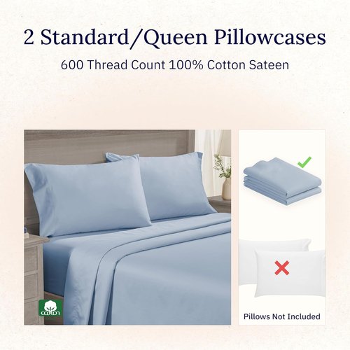 Luxuriously Soft 600 Thread Count Cotton Pillowcases - Set of 2 in Blue | Fits Standard & Queen Pillows