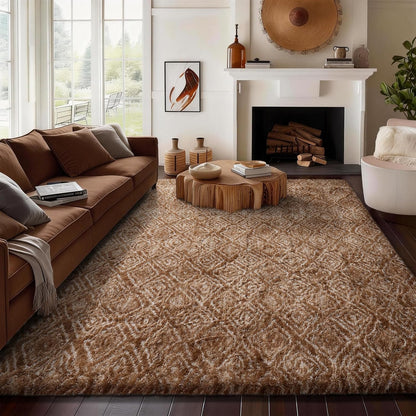 Ophanie Brown & White Diamond Striped Rug - Fluffy Shag 8x10 Soft Carpet for Living Room & Bedroom Decor