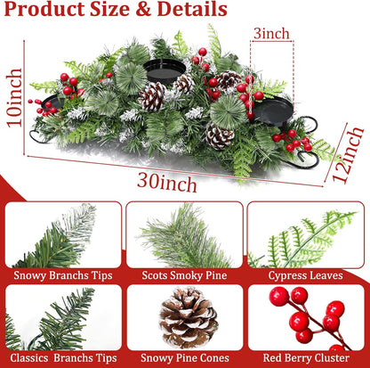 Regine Switzerland 30-Inch Christmas Table Centerpiece - 3 Candle Holders, Red Berry & Pinecone Decor