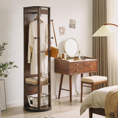 Walnut 68" L x 19" W Full Length Mirror with Coat Rack & Shelf - 360° Rotating Solid Wood