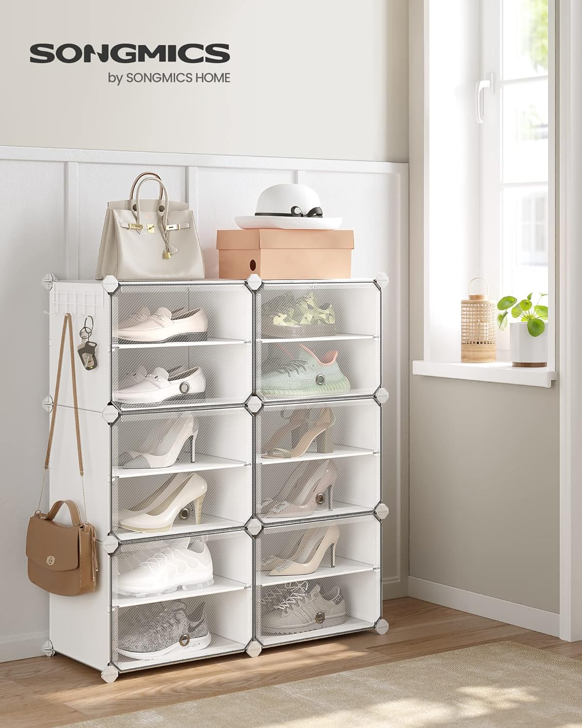 SONGMICS Shoe Rack Organizer - 6-Tier Adjustable Shoe Storage Cabinet | Holds 24 Pairs - Cloud White & Transparent