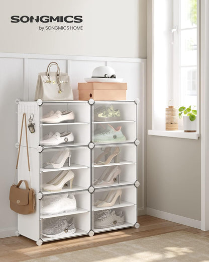 SONGMICS Shoe Rack Organizer - 6-Tier Adjustable Shoe Storage Cabinet | Holds 24 Pairs - Cloud White & Transparent