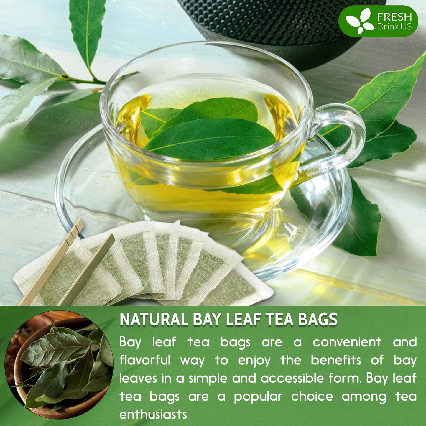 FreshDrinkUS, Premium 105 Bay Leaf Tea Bags, 100% Natural & Pure from Bay Leaves. Loose Leaf Bay Herbal Tea. Made with Natural Material Tea Bags, No Sugar, No Caffeine, No Gluten, Vegan.