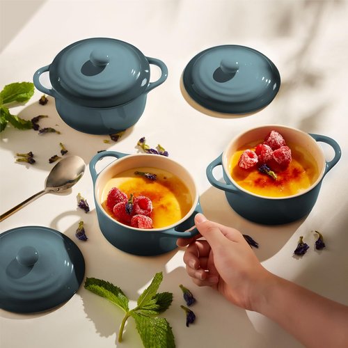 Kook Ceramic Mini Cocotte Set - 12 oz Individual Baking Ramekins with Lids & Handles | Oven & Microwave Safe, Stone Ombre, Set of 4