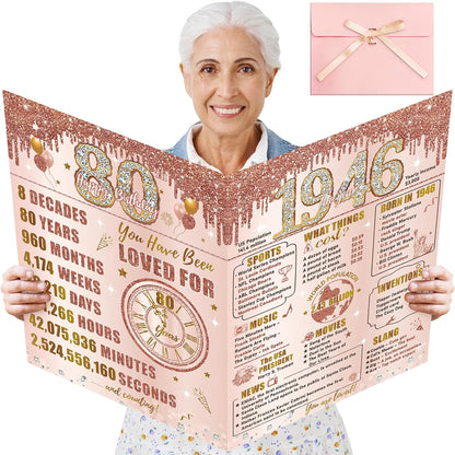 Turypaty 80th Birthday Card - Large Pink Rose Gold Design with Envelope | Giant Guest Signature Book Gift