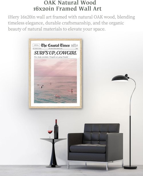 iHery Coastal Cowgirl Wall Art | Trendy Beige Oak Framed Prints | Large 16x20in Canvas Decor