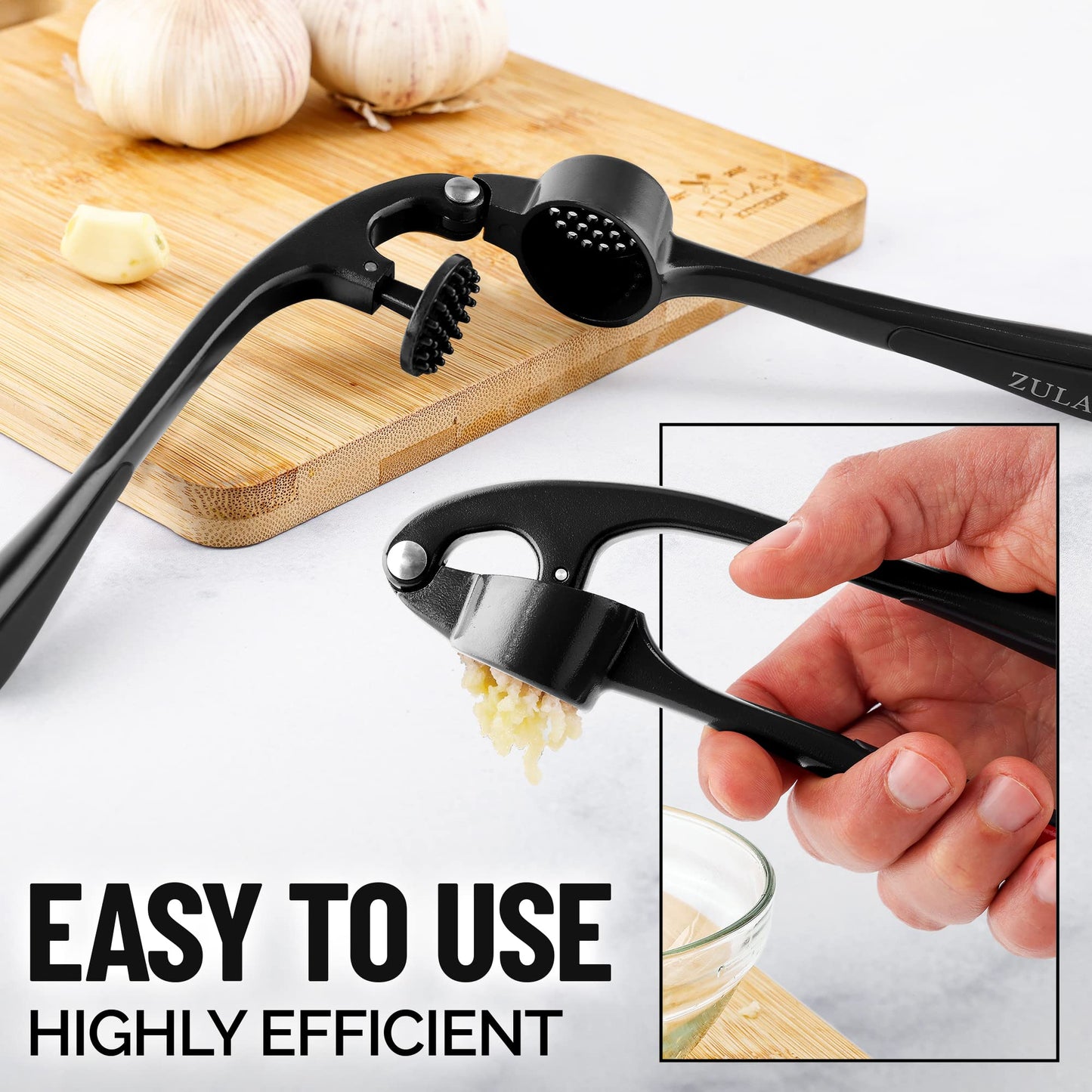 Zulay Kitchen Premium Garlic Press Set - Rust Proof & Dishwasher Safe Professional Garlic Mincer Tool - Easy-Squeeze, Easy-Clean with Soft, Ergonomic Handle - Silicone Garlic Peeler & Brush (Black)