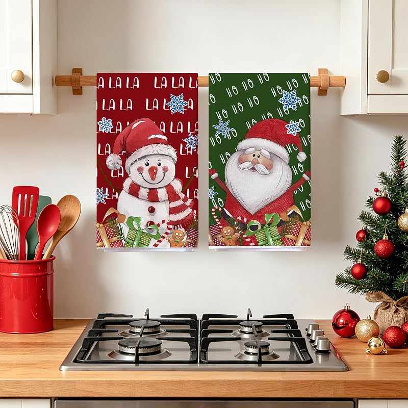 Christmas Kitchen Towels Set of 2 18x28in Snowman Santa - Red/Green Variation