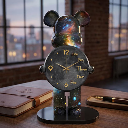 Large Galaxy-Themed Bear Figurine Clock – Desktop Timepiece, Quiet Battery-Powered