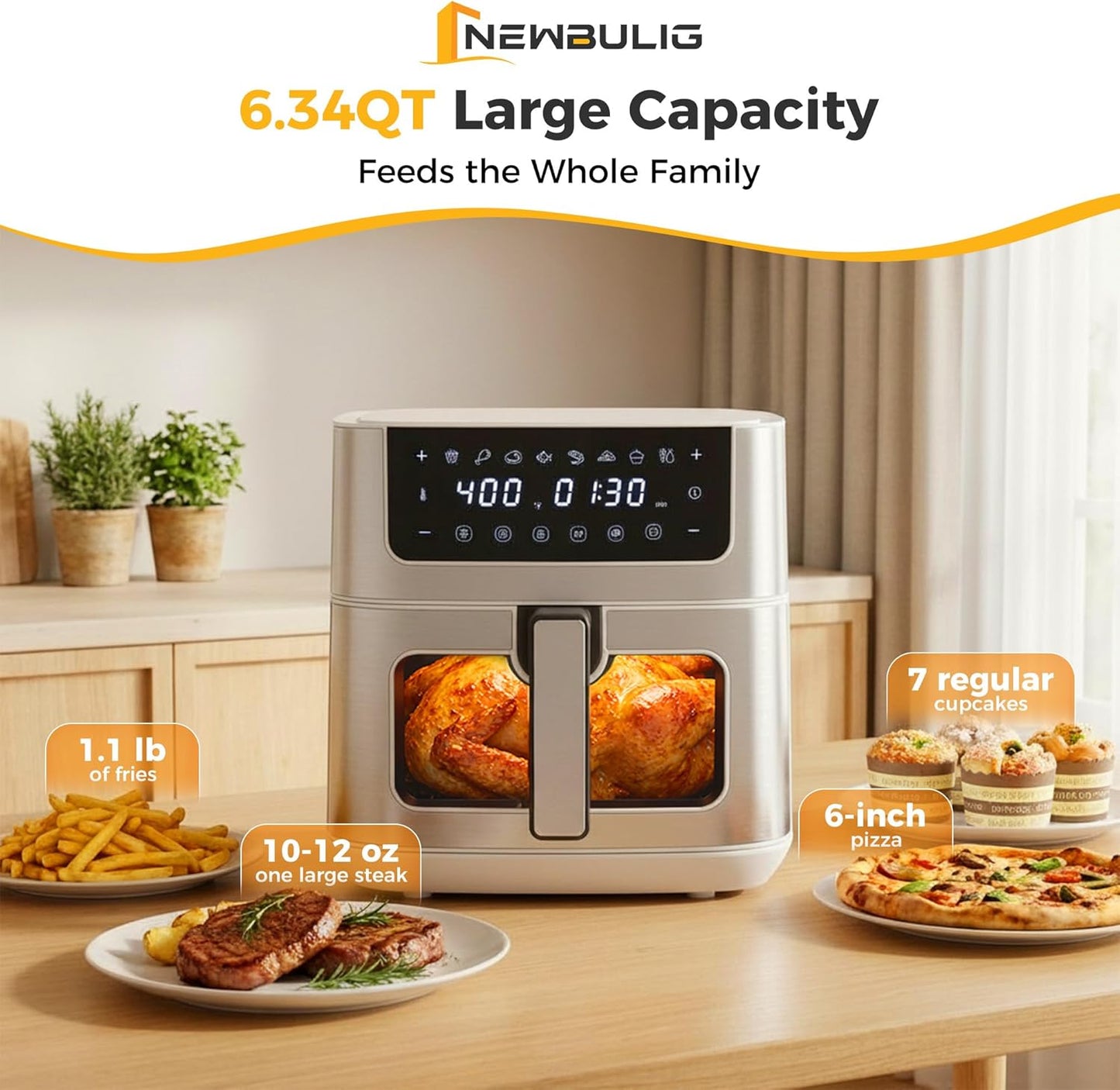 NEWBULIG Air Fryer - 6.34QT with Visible Window & Fast Heating - 8-in-1 Cooking Presets, Stainless Steel, White