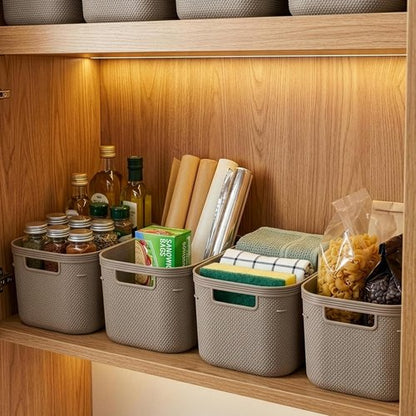 BINO Plastic Storage Bins - 5.5 Liter, Taupe | 3 Pack Woven Baskets for Organized Pantry