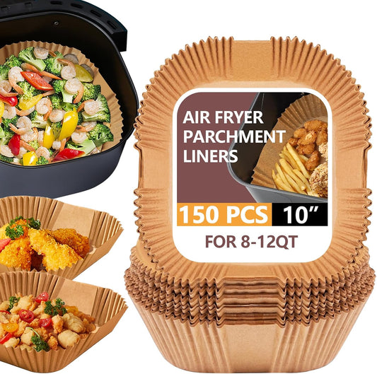 UBeesize XL 10 Inch Air Fryer Paper Liners - 150 PCS Non-Stick Parchment Paper | Bleach-Free Square Design (Bottom Size 9 Inch)