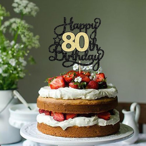 Happy 80th Birthday Cake Topper by [Brand Name] - Black Gold Glitter Design | Perfect for 80th Anniversary Celebrations
