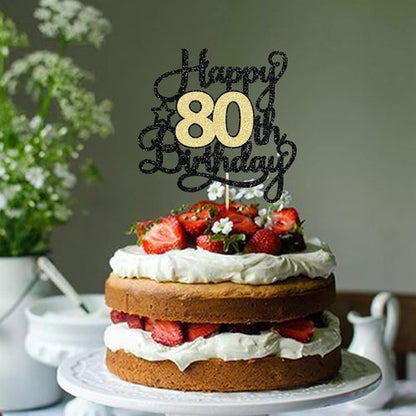 Happy 80th Birthday Cake Topper by [Brand Name] - Black Gold Glitter Design | Perfect for 80th Anniversary Celebrations