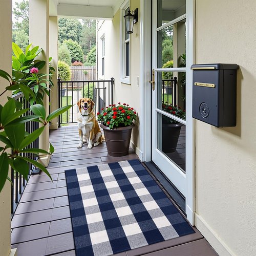 OLANLY Buffalo Plaid Rug 2'4" x 3'7" (27.5" x 43") – Navy and White Cotton Checkered Doormat, Washable Indoor Outdoor Rug for Layered Front Porch, Kitchen, Entryway Decor