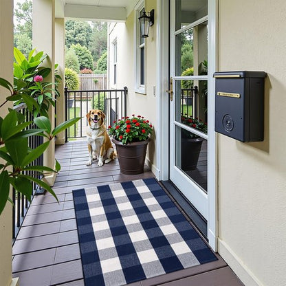 OLANLY Buffalo Plaid Rug 2'4" x 3'7" (27.5" x 43") – Navy and White Cotton Checkered Doormat, Washable Indoor Outdoor Rug for Layered Front Porch, Kitchen, Entryway Decor