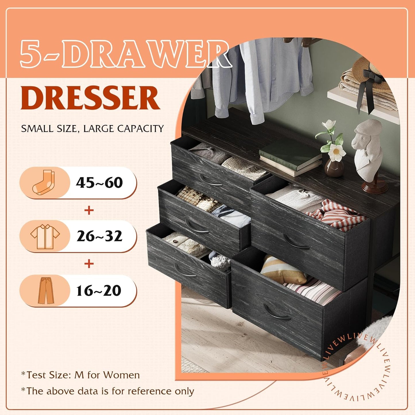 WLIVE Dresser - 5 Drawer Chest with Organizers | Stylish Fabric Storage for Bedroom & Living Room - Charcoal Black
