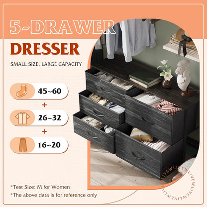 WLIVE Dresser - 5 Drawer Chest with Organizers | Stylish Fabric Storage for Bedroom & Living Room - Charcoal Black