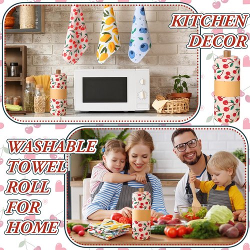 Redbaker 30 Pcs Reusable Paper Towels Rolls Towels Bulk Kitchen Washable Paperless Cloth Cotton Hand Napkins with Cardboard Reusable Napkins for Kitchen Bathroom (Fruit Design)