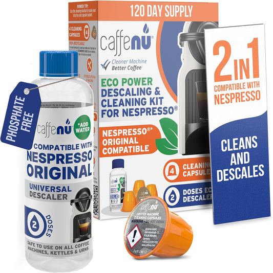 Nespresso Descaling Kit & Cleaning Pods - 2 Use Solution + 4 Cleaner Pods for Better Tasting Coffee