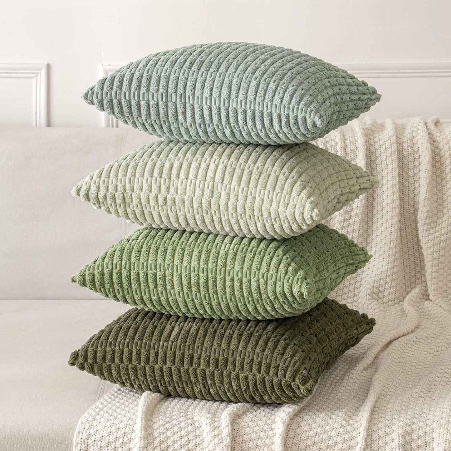 MIULEE Decorative Throw Pillow Covers - Soft Boho Striped Corduroy | 18x18 Inch Olive Green, Pack of 2