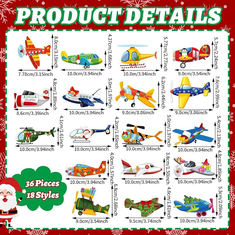 Airplane Christmas Ornaments 36 Pcs Wooden Flight Themed Set - 18 Styles, 3.94in