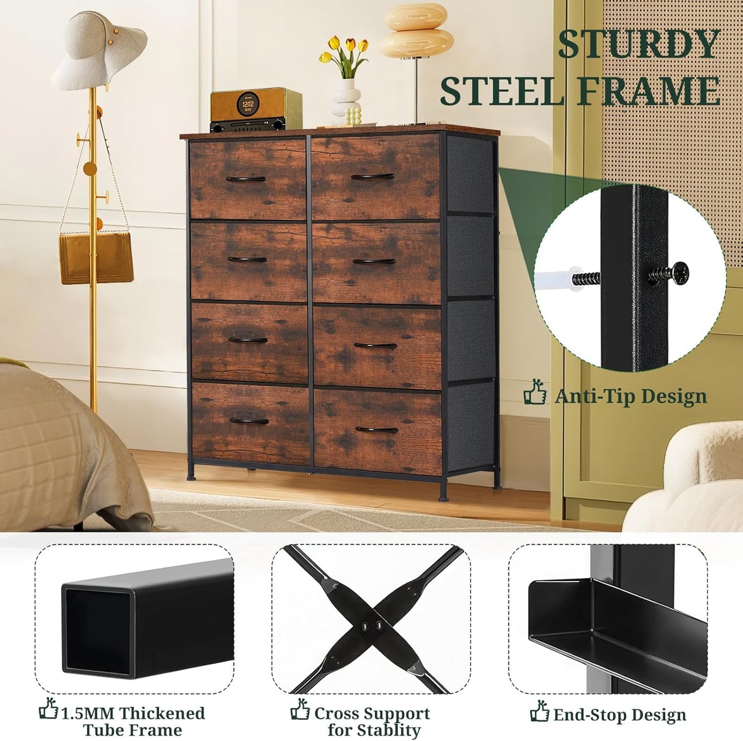 Regine Switzerland 8-Drawer Dresser - Anti-Tip Tall Storage Organizer with Wooden Top & Metal Frame - Brown