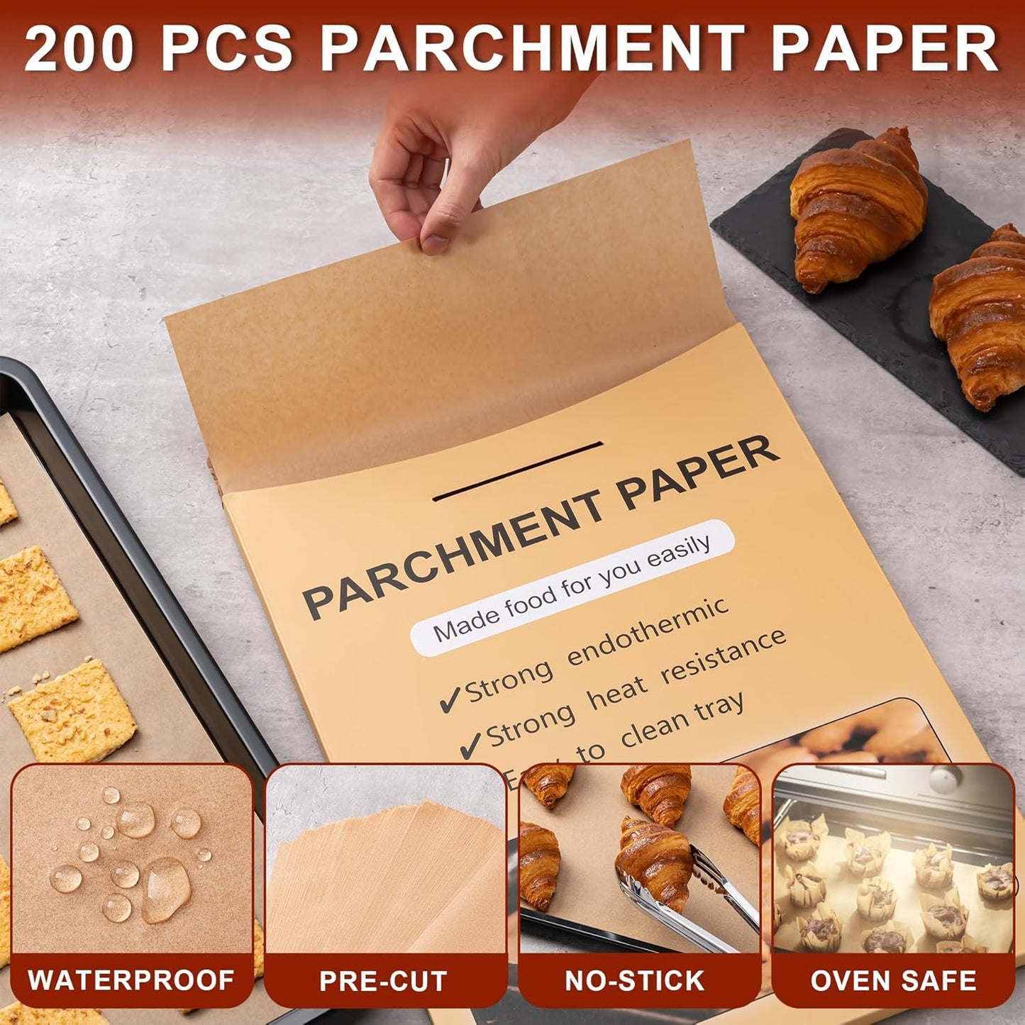 Skiennix Parchment Paper Sheets - Non-Stick Precut Baking Paper | 200 Pcs, 8 x 12 Inches, Unbleached