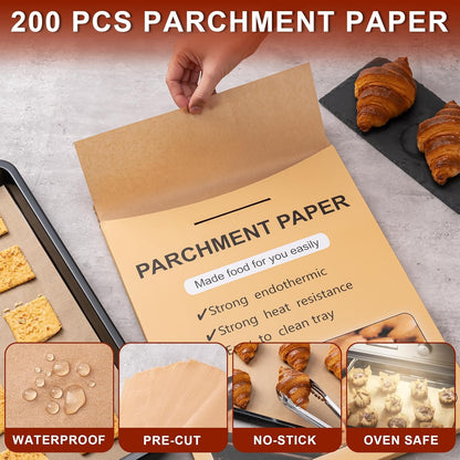 Skiennix Parchment Paper Sheets - 200 Pcs Non-Stick, Unbleached, 12x16 Inches for Baking & Cooking