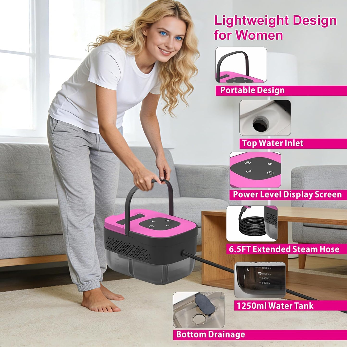Skiennix Portable Steam Cleaner - 16-Piece Accessory Set | 6-Level Adjustable Heat-Up in 15 Seconds, Lightweight Design for Home & Car Detailing
