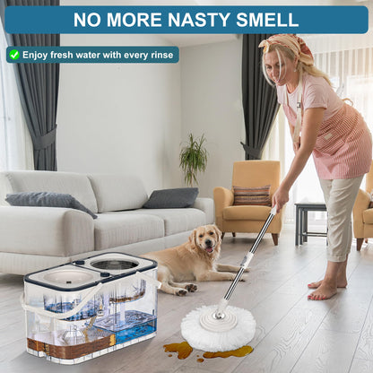 Mop and Bucket with Wringer Set for Home, Spin Mop and Bucket Separates Dirty and Clean Water,4-Chamber Mop Bucket, Best Household Cleaning Tools with 6 Replacement Mop Heads,4X Wheel