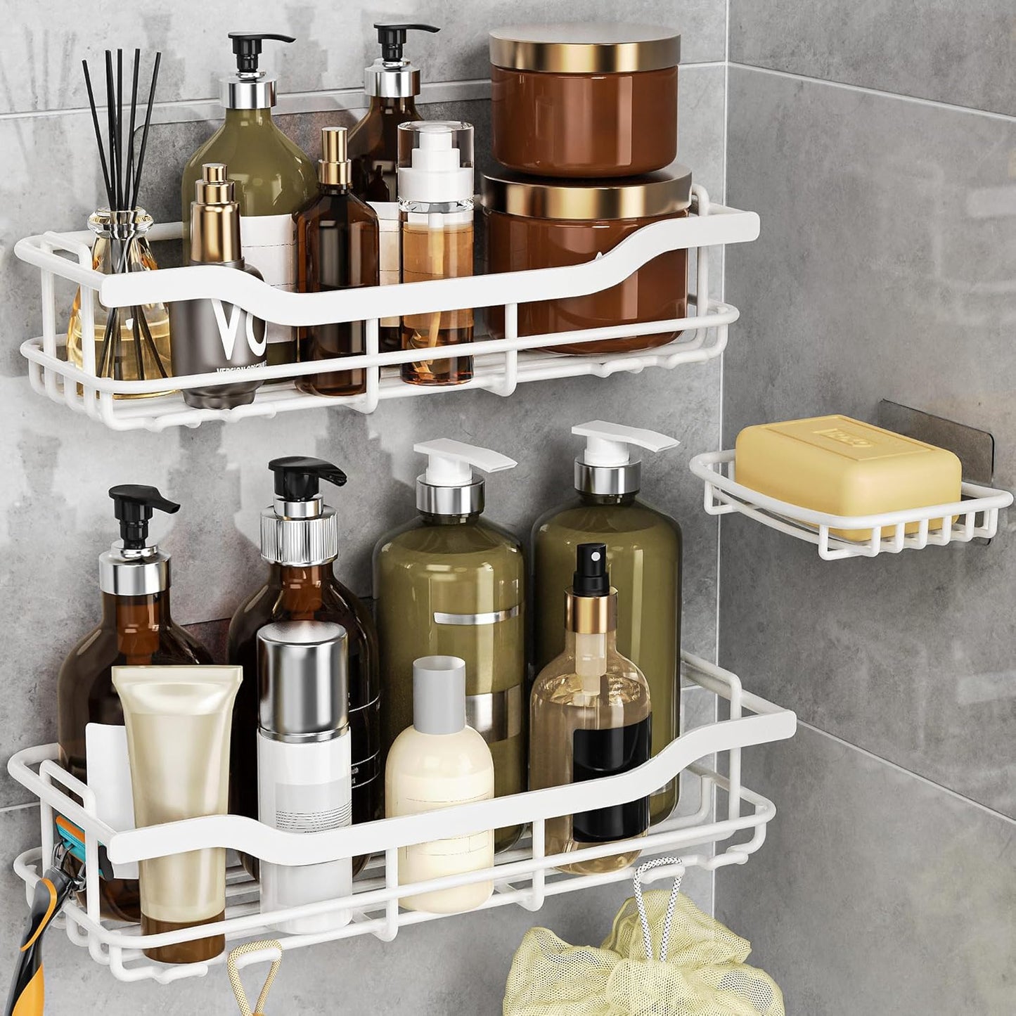 OMAIRA Shower Caddy - 3-Pack Adhesive Organizer with Soap Holder for Smooth Walls & Glass Tiles, White