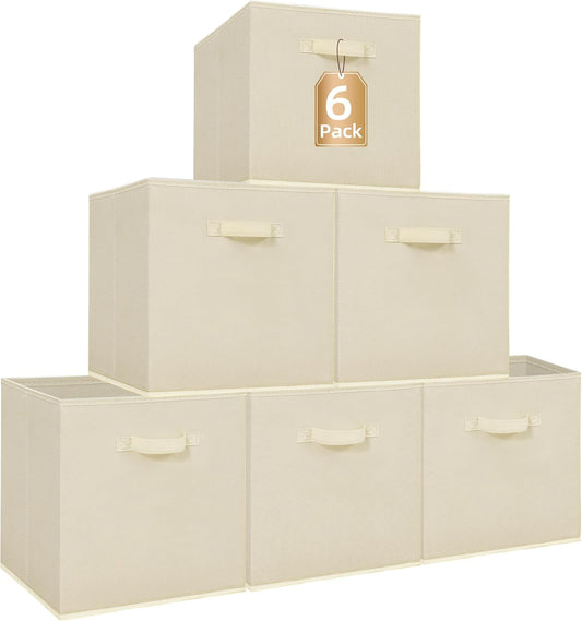 Storage Maniac Storage Cubes - 13-Inch Collapsible Fabric Bins with Handles | 6-Pack Beige for Easy Organization