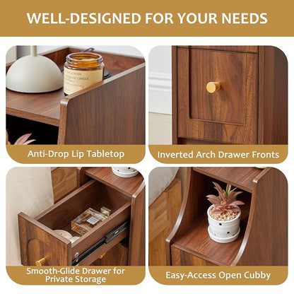 Ultra Narrow Nightstand Set of 2 with Charging Station — Walnut 2 Packs, 2 Drawers & Open Shelf