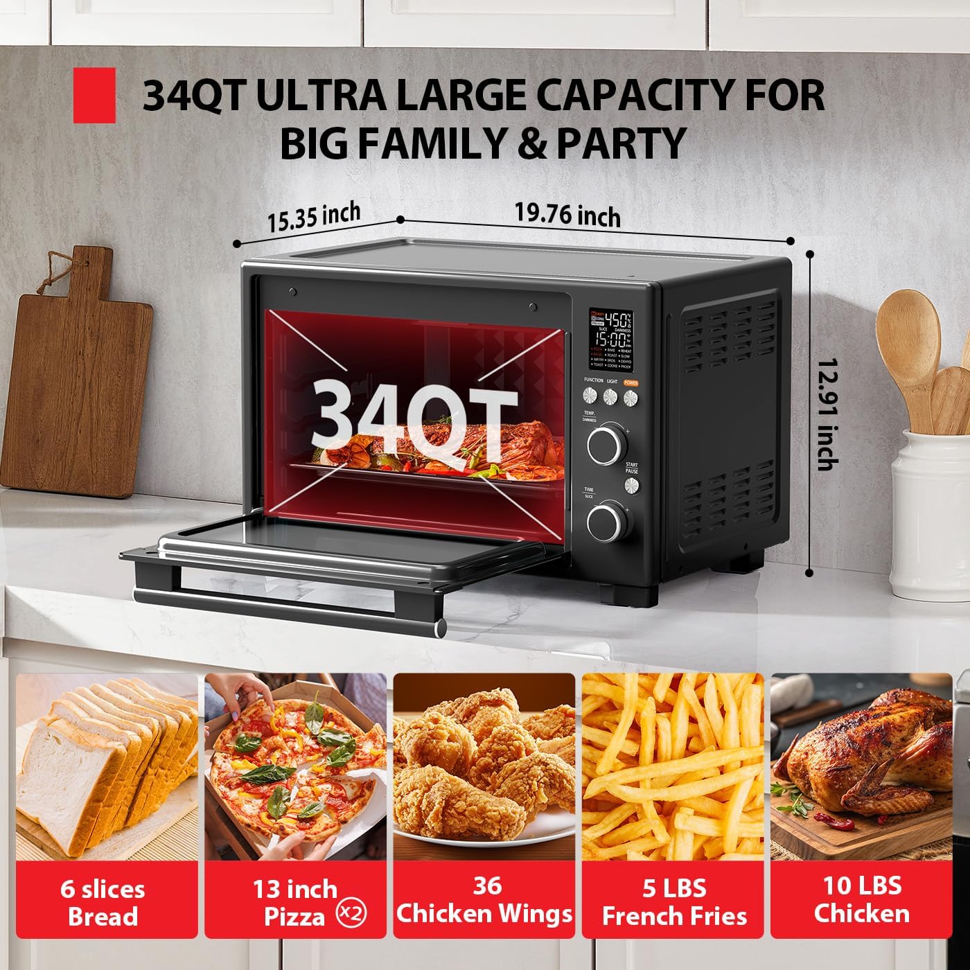 TOSHIBA ChefFry Air Fryer Toaster Oven - 12-in-1 Convection Oven with 34QT Capacity & Dual-Temp Tech