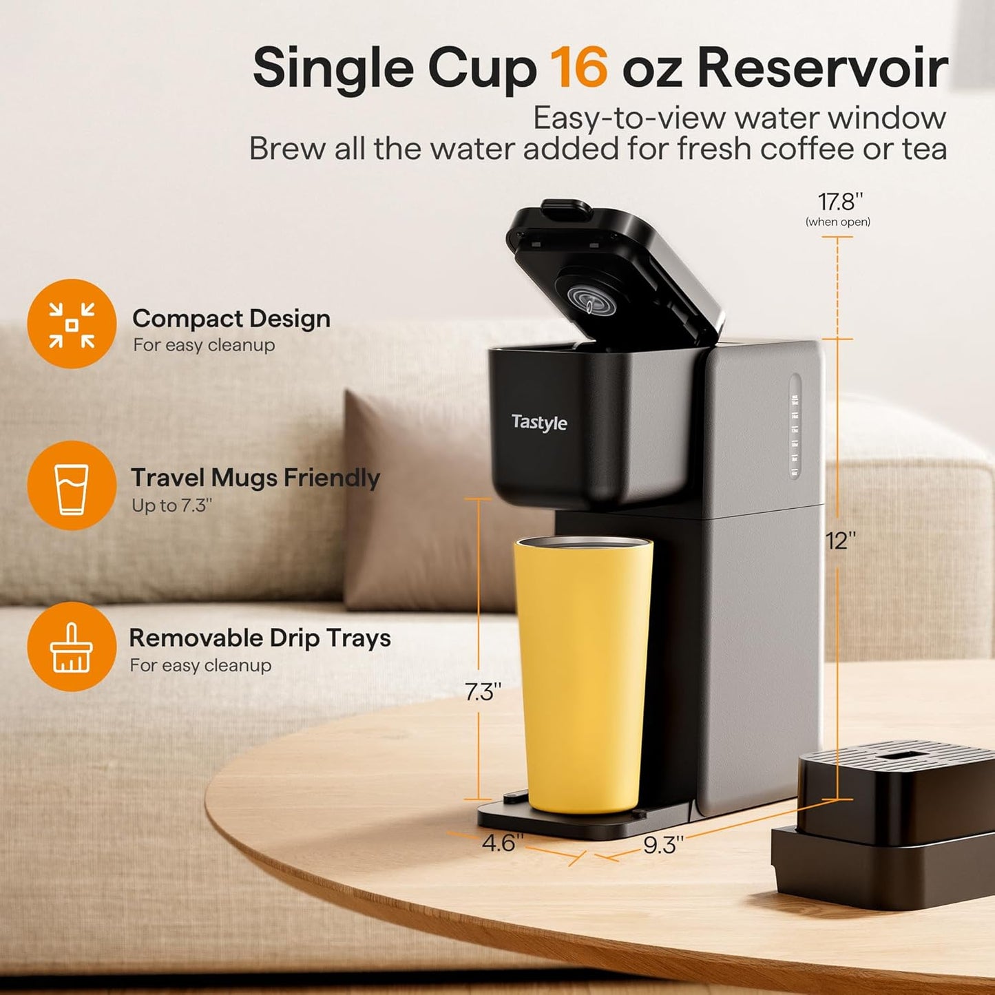 Skiennix Single Serve Coffee Maker - Brew K-Cups, Ground Coffee & Tea | Compact Black Design, 6-16 Oz Sizes