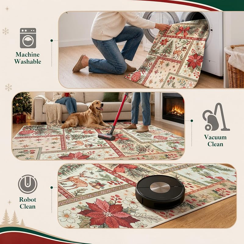 2x3 Christmas Entryway Rug - Boho Patchwork, Washable Beige 2' x 3' (Variation: Beige)