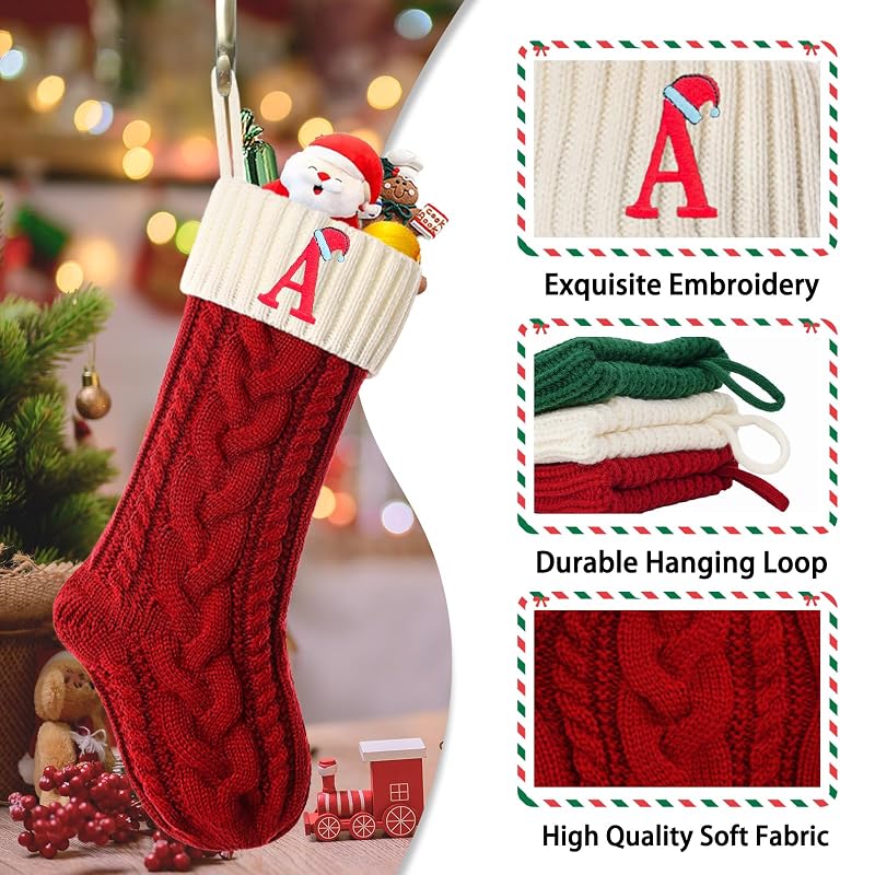 Personalized 18 Inch Knitted Christmas Stocking with Initials N – White & Green, Embroidered Monogram