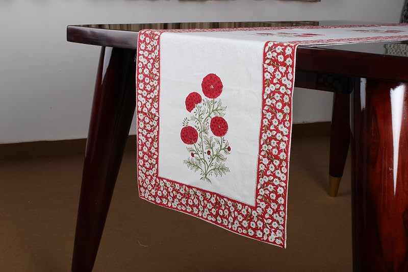 Red and Green Buta Hand Block Print 100% Cotton Table Runner 16x90 Inches - Ridhi